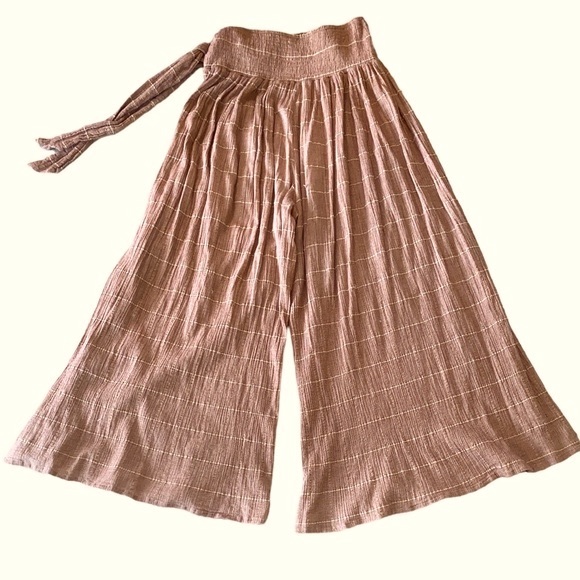 Free People Tan Checker Print Wide Leg Tie Waist Textured Gauze Pants - 12 - Picture 5 of 11